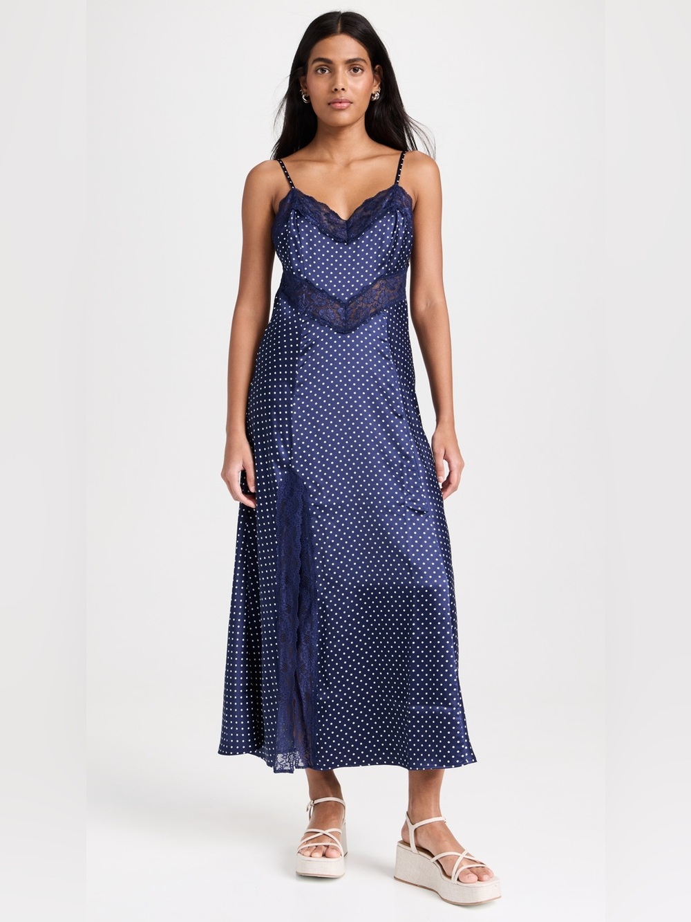 NWOT Hill House Navy Polka Dot The Ida Dress - Satin Slip Dress with Lace Trim